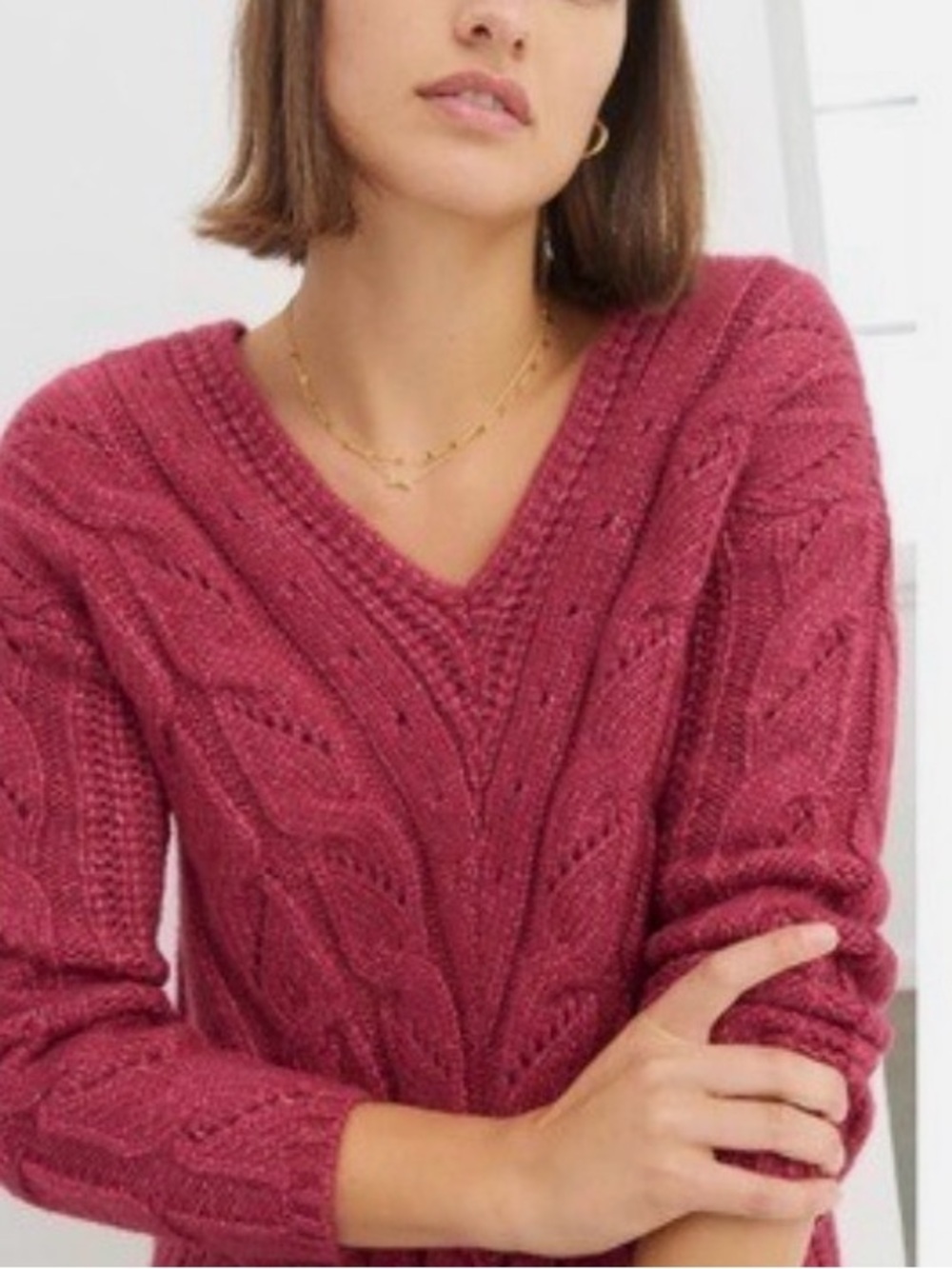 Anthropologie Ramona Dark Pink Vneck Cable Knit Sweater Chunky Oversized… - Picture 1 of 5